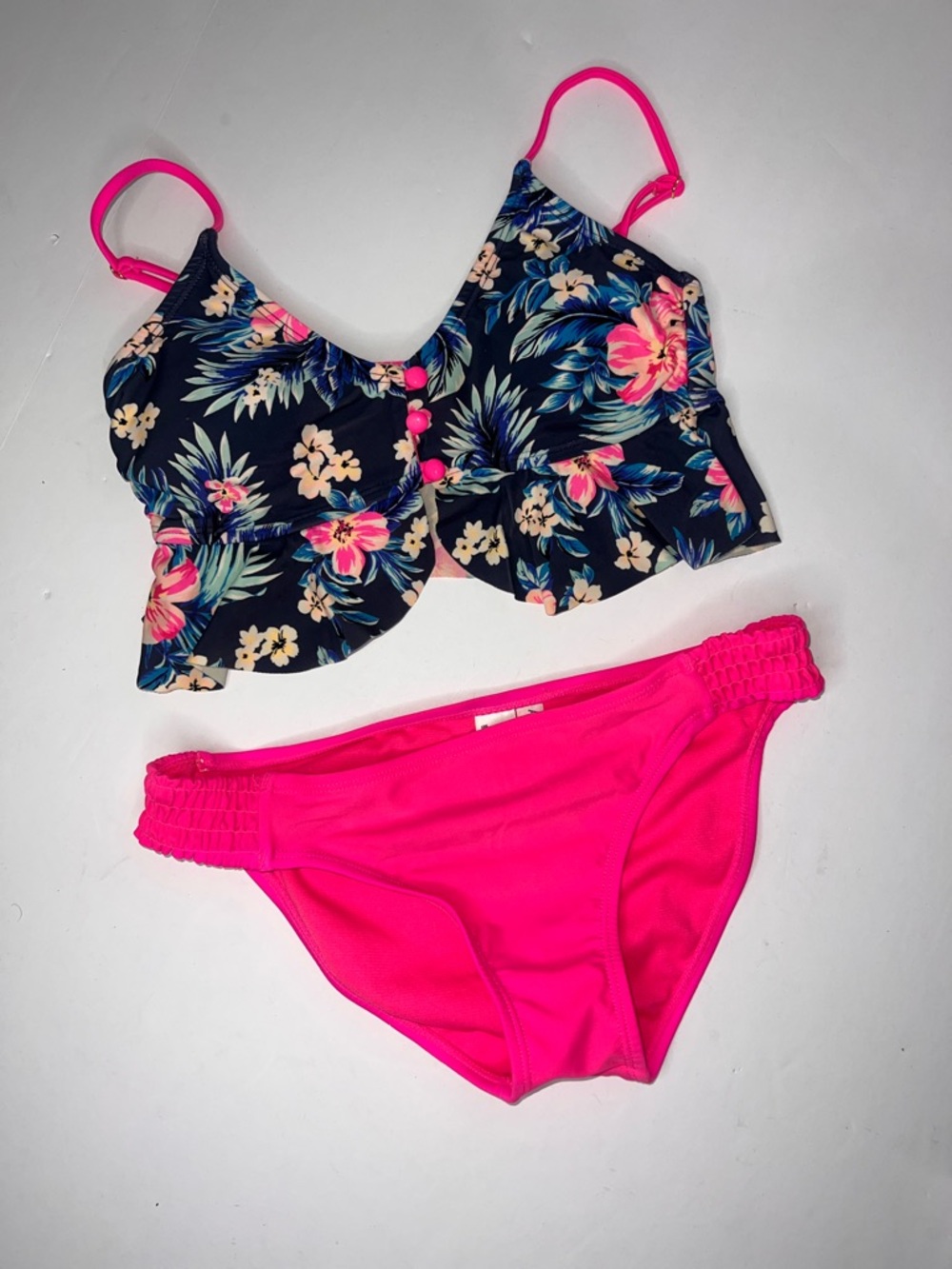 Arizona Jean Navy Floral Top with Hot Pink Bottoms Girls Swim Set size small